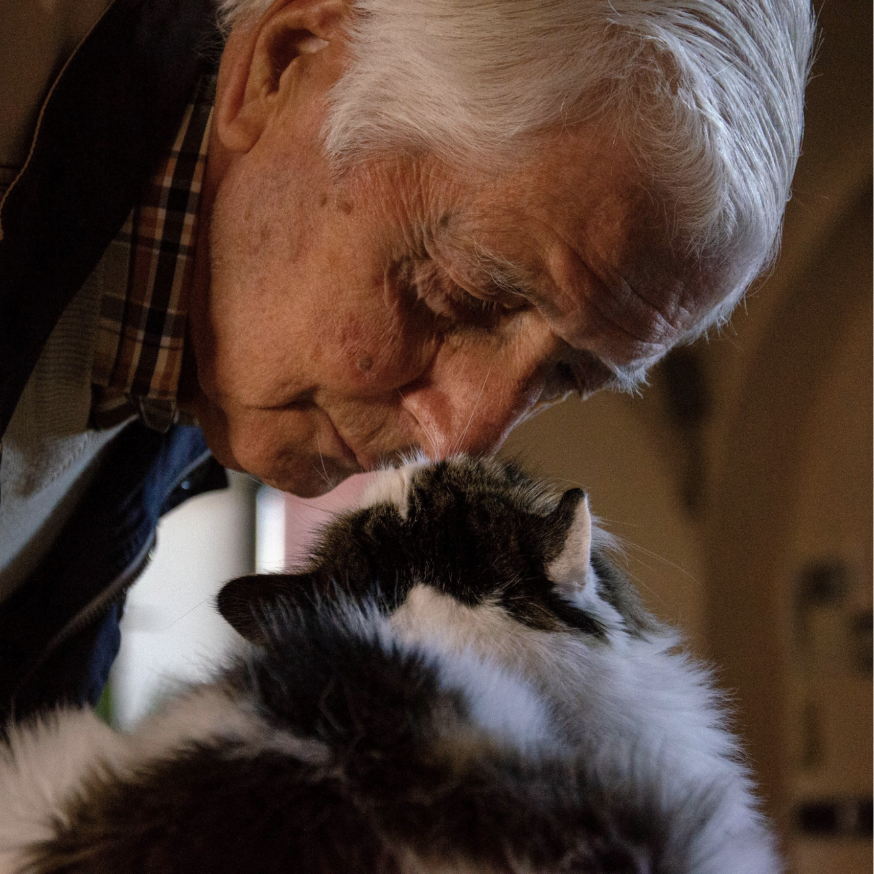Elderly man holding his emotional support cat