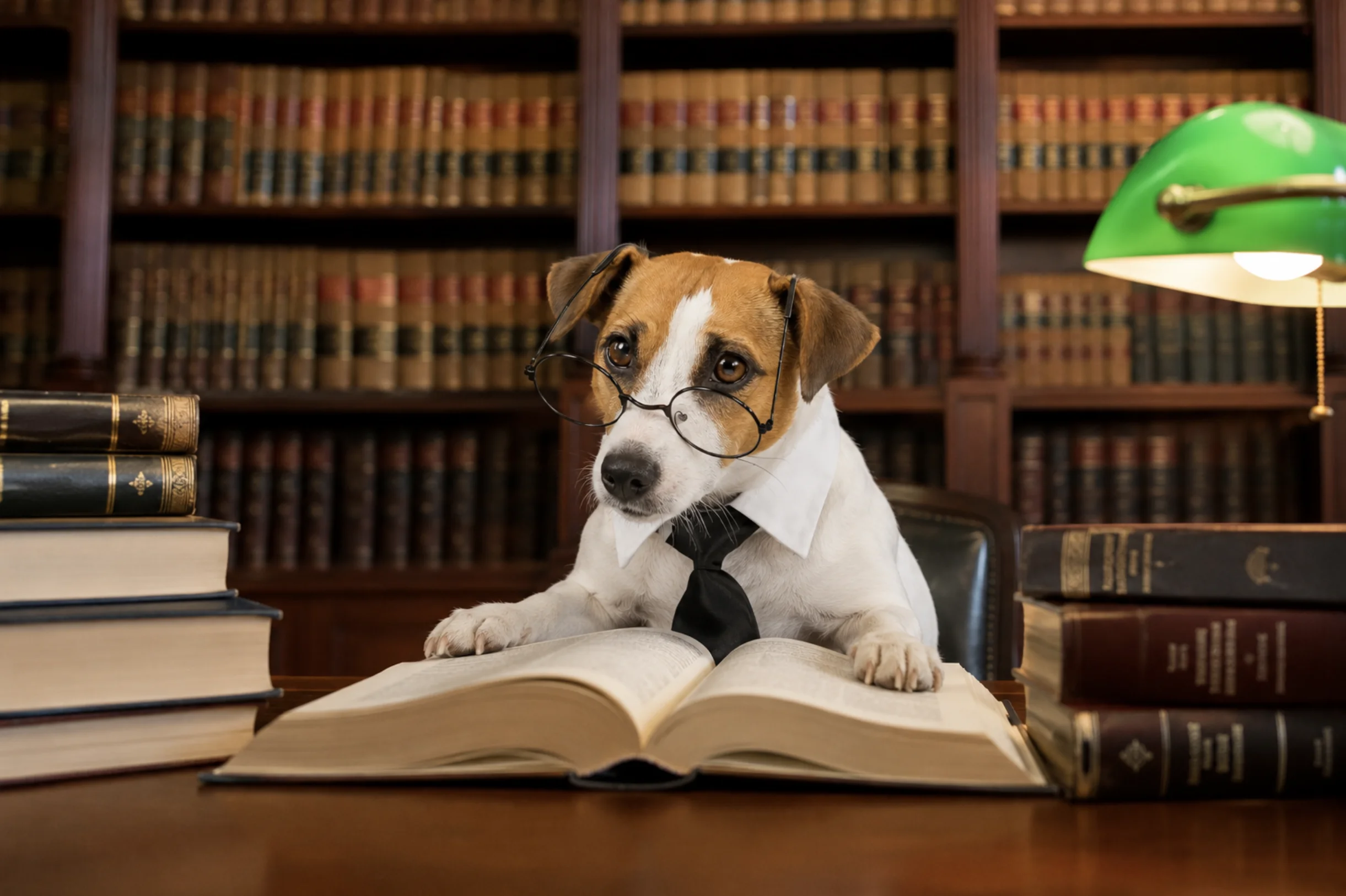 Emotional support dog reading ESA law books in a library