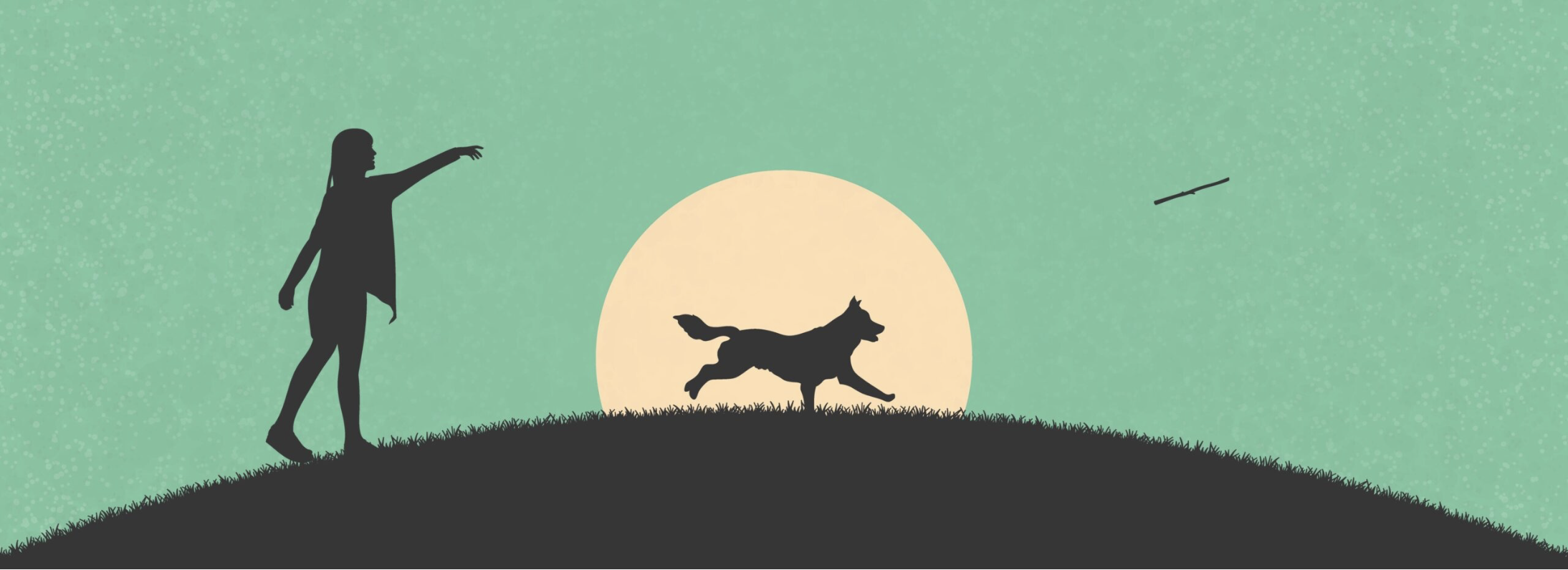 Woman throwing a stick to her emotional support dog at sunset