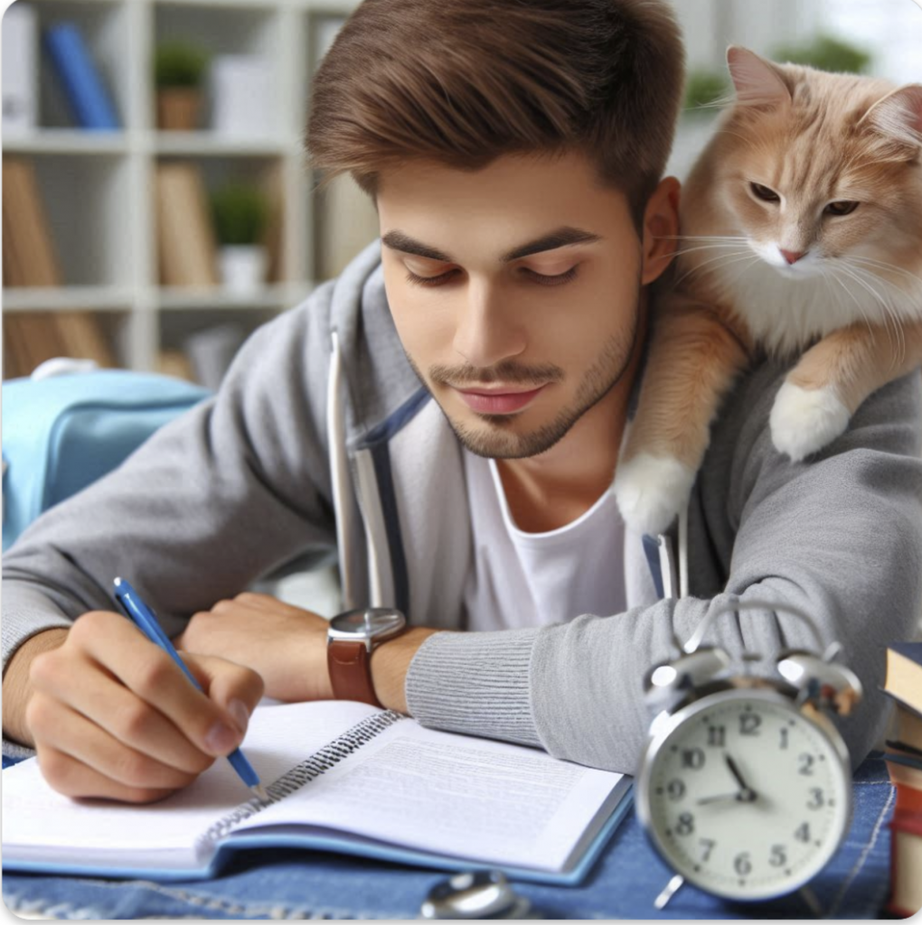 student_studying_with_ESA_cat_on_shoulder